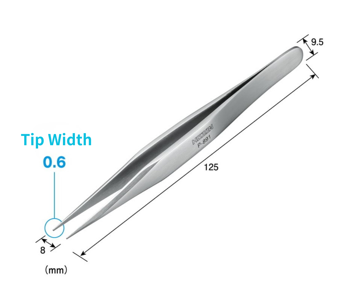 HOZAN P-891 dimensions: 125 mm long, 9.5 mm wide, 0.6 mm tip width