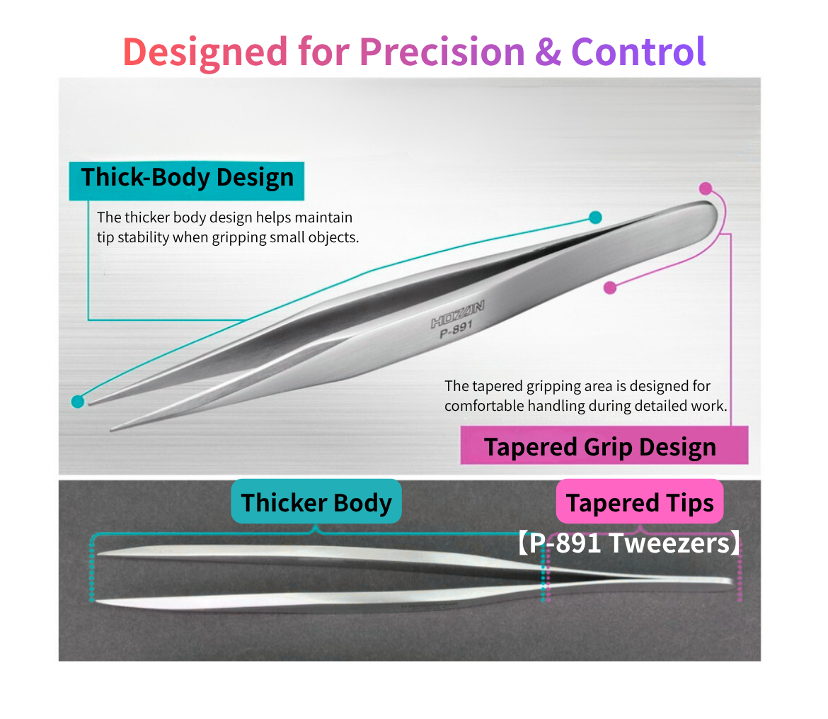 HOZAN P-891 tweezers showing thick-body design and tapered tips