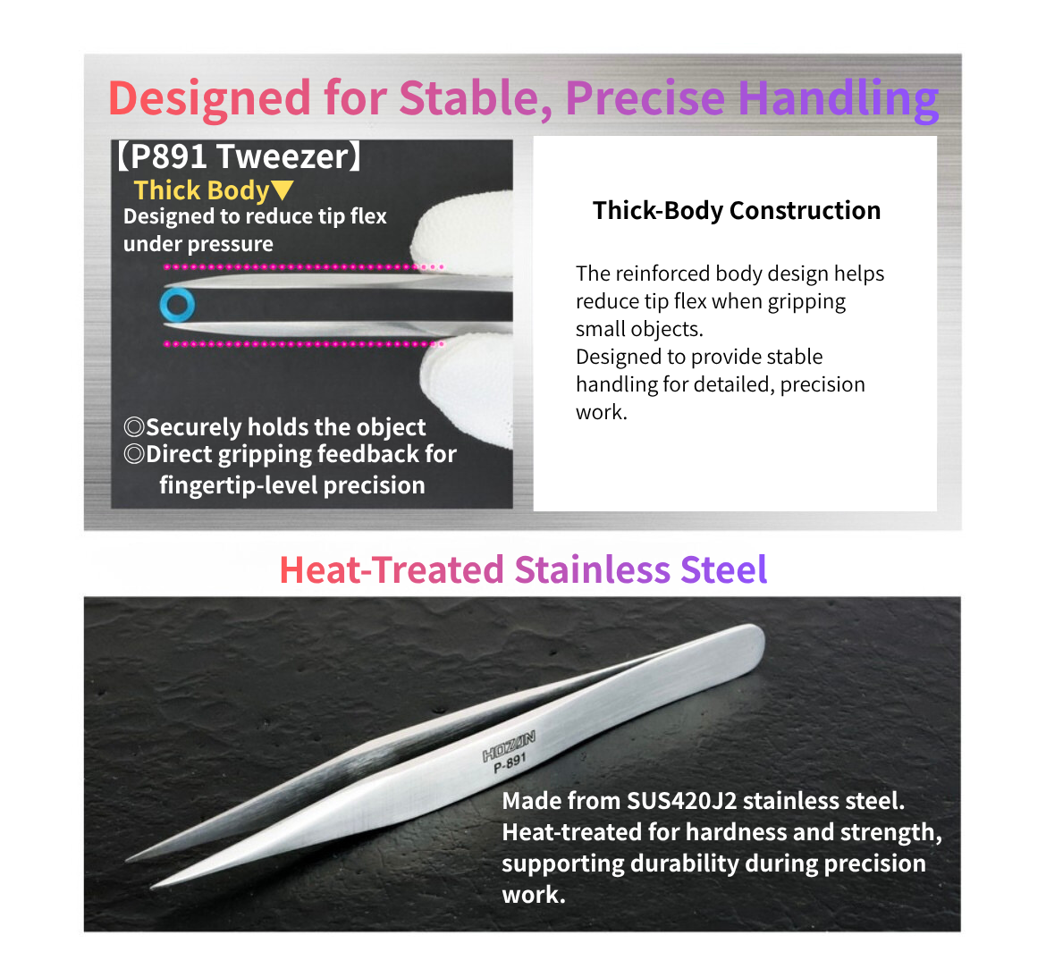 HOZAN P-891 tweezers showing thick-body design and tapered tips